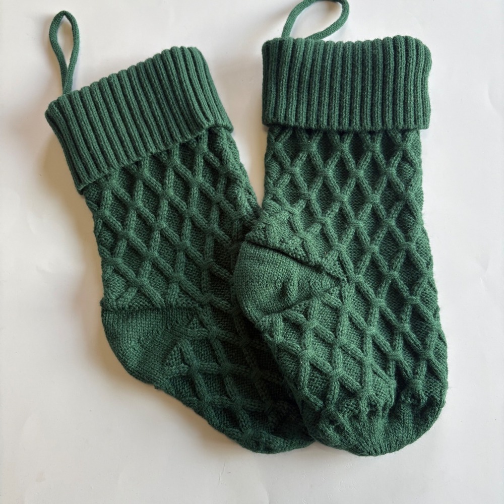 Green Cable Knit‎ Stockings Set of 2 NEW 14" Chunky Knit Christmas Holiday Decor